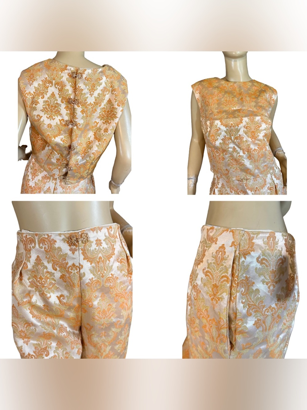 HANDMADE UPCYCLED WIDE LEG PANTS & CROP TOP CREAM & ORANGE SET (XL) - Picture 7 of 12